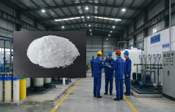 车间内几名身着蓝色工装、佩戴安全帽的工作人员正在交流研讨，画面左侧附图展示一堆白色粉末状小苏打，主要应用于食品、饮料、医药、饲料、消防、环保脱硫、洗涤、化工、冶金、纺织等行业